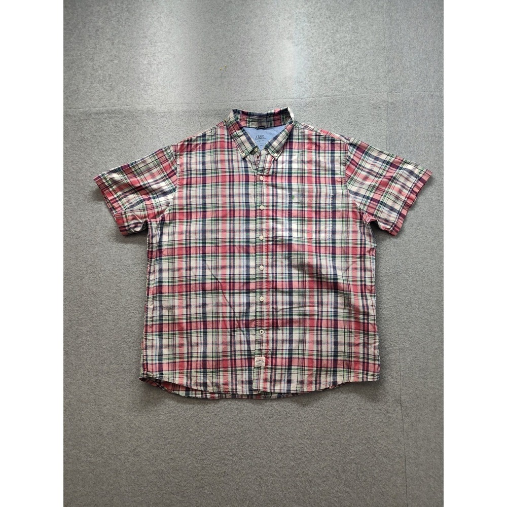 IZOD Men Shirt XXL Red White Plaid Collared Short Sleeve Button Up Cotton Casual